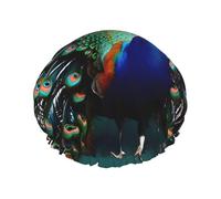 Beautiful peacock Print Shower Cap with Elastic and Reusable for Long and Short Hair,DoubleHair Cap