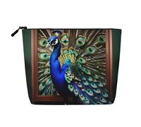 Beautiful Peacock Print Single Layer Fake Hemp Makeup Bag Zipper Toiletry Bag Accessories for Women Black One Size Black One Size Black One Size, Black/White, One Size