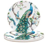 Beautiful Peacock Retro Blue Bird Elegant Feather Ceramic Drink Coaster Set of 2, Absorbent Coasters Set Suitable for Home Decor, Bar, Kitchen, Party, 4 Inches