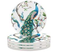 Beautiful Peacock Retro Blue Bird Elegant Feather Ceramic Drink Coaster Set of 4, Absorbent Coasters Set Suitable for Home Decor, Bar, Kitchen, Party, 4 Inches