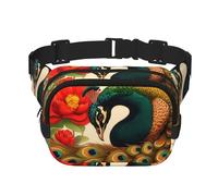 Beautiful Peacock Square double - layer fanny pack with adjustable shoulder strap - travelling fanny pack - perfect for outdoor sports, Black, One Size