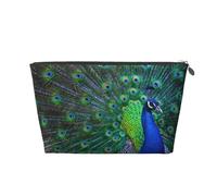 Beautiful Peacock Womens Makeup Bag Leather Travel Toiletry Organizer Wash Bag Cosmetic Pouch with Zipper Girls Handbag Silver