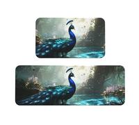 Beautiful Peacocks By The Lake Rug Cushioned Kitchen Rugs Sets Of 2 Comfort Standing Mat For Home Decor Sink,Kitchen Mats For Floor Non Slip Washable ，Laundr 17"X47"+17"X30"