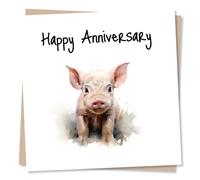 Beautiful Piglet Happy Anniversary Card - Greetings Card Watercolour Design for Pig and Animal Lovers, Men, Women - Made in UK
