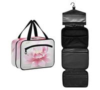 Beautiful Pink Lotus Flower Shining Sparkle Stars on White Women's Portable Makeup Bag with Handle Cosmetic Bag, Twill Cloth Travel Cosmetic Bag, Polyester Toiletry Bag for Women L Size