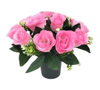 Beautiful Pink Rose Artificial Flowers in Grave Flower Pots - UV Resistant, Realistic, Long-Lasting Design for Cemetery Decorations, Grave Displays, Home & Garden Memorial Arrangements (Pink)