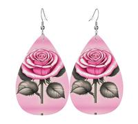 Beautiful pink roses double-sided printed leather earrings int and shape of water drops, creative, light and novel, bright and vivid colors.