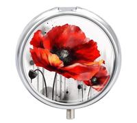 Beautiful Poppy Flower Ink Pill Box Cute Round Small Pill Organizer Portable with 3 Compartments Travel Metal Pill Case for Pocket Or Purse Privacy Protecting Medicine Box
