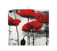 Beautiful Poppy Flower Ink Print Microfiber Dish Drying Mat,Absorbent Quick Dry Kitchen Counter Mat,Non Slip Foldable Drainer Pad
