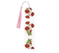 Beautiful Poppy Flower Ink -Print Wooden Bookmarks with Tassel for Readers and Book Lovers - Artistic Handmade Gifts for Teachers Colleagues Office Desk Decor.