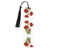 Beautiful Poppy Flower Ink -Print Wooden Bookmarks with Tassel for Readers and Book Lovers - Artistic Handmade Gifts for Teachers Colleagues Office Desk Decor.