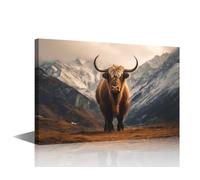 Beautiful Portrait of A Long-Haired Cow Standing in the Mountains Picture Animal Painting Prints Rustic Yak Artwork Farmhouse Home Living Room Bedroom Decoration Ready to Hang 1 Panels (16"Wx24"H)