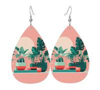 Beautiful potted green plants Printed leather earrings with teardrop-shaped dangling design, light and soft.