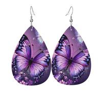 Beautiful Purple Butterfly Art Earrings for Women Teardrop Leather Earring Double Sided Drop Dangle Earrings Lightweight Women's Ear Accessories Jewelry Fashion Birthday Gift