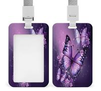 Beautiful Purple Butterfly Art ID Badge Holder Waterproof Card Protector Push-Pull Slot Work ID Card Holder with Lanyard Personalized Detachable Card Holders for Office Corporate Use