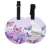 Beautiful Purple Butterfly Art Print Luggage Tag Round Leather Luggage Tag Easy Identification & Privacy Protection for Suitcases Easy to Identify Privacy Cover Id Label