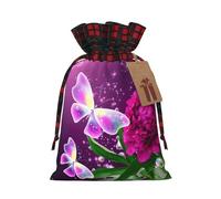 Beautiful Purple Butterfly Floral Printing Color Matching Plaid Christmas Bag With Drawstring For Christmas Birthdays Party,4.7x6.9 Inch