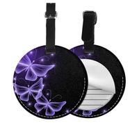 Beautiful Purple Butterfly Print Luggage Tag Round Leather Luggage Tag Easy Identification & Privacy Protection for Suitcases Easy to Identify Privacy Cover Id Label