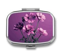 Beautiful Purple Flowers Pill Box 2 Compartment, Portable Pill Case with Mirror for Pocket Purse Travel, Mini Metal Medicine Organizer for Vitamins Fish Oil