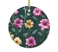 Beautiful Purple Flowers Printed Round Ceramic Pendant, Christmas Tree Ornament, Suitable for Souvenirs and Holiday Decorations.