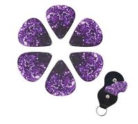 Beautiful Purple Glitter Guitar Picks 6 Pack, 0.71mm Thickness Celluloid Bass Pick with Leather Guitar Pick Holder Keychain Abstract Art Pics Plectrum for Acoustic Electric Guitar, Ukulele, Bass