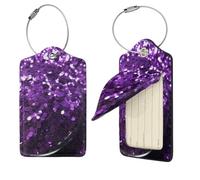 Beautiful Purple Glitter Luggage Tag PU Leather Suitcase Tags Identifiers Travel Tags with Privacy Protection and Stainless Steel Loop Luggage Bag Tag for Women Men, Black, 1