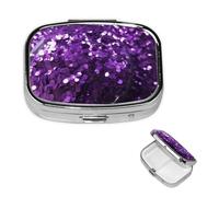 Beautiful Purple Glitter Pill Box with Mirror 2 Compartment Decorative Pill Case for Purse or Pocket Small Square Pill Organizer Weekly Metal Medicine Tablet Vitamin Holder Travel Gift