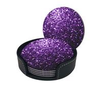Beautiful Purple Glitter Print Chic Round Leather Coasters – Set Of 6 Full-Print Coasters In A Premium Pu Leather Storage Box
