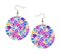 Beautiful Rainbow Colors Mermaid Print Piercing Round Leather Earrings Set 1 Pair Stylish Leather Earrings Dangle Hoop For Women Jewelry Gifts