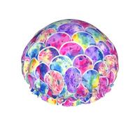 Beautiful Rainbow Colors Mermaid Print Shower Cap - Reusable Hair Protection, Double Layer, Adjustable Elastic Strap, Travel Essential