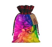 Beautiful Rainbow Flowers Chrysanthemums Print Christmas Drawstring Linen Gift Bags Reusable Fabric Bags With Tags For Christmas Gifts