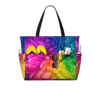 Beautiful Rainbow Flowers Chrysanthemums Print Large Waterproof Beach Tote Bag for Women with Zip and Pockets Foldable Handbag for Travel Pool Shopping Holiday Gym