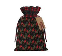 Beautiful Red Birds Printing Color Matching Plaid Drawstring Christmas Bag With Kraft Tag 4.7x6.9 In For Halloween