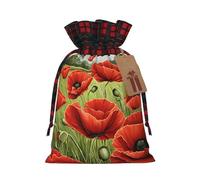 Beautiful Red Poppy Flower Color Blocked Linen Drawstring Gift Bag, Reusable Gift Bag