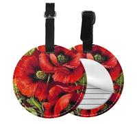 Beautiful Red Poppy Flower Print Luggage Tag Round Leather Luggage Tag Easy Identification & Privacy Protection for Suitcases Easy to Identify Privacy Cover Id Label