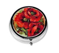 Beautiful Red Poppy Flower Print Pill Box Purse Small Round Pill Case Decorative Box Metal Medicine Vitamin Pill Organizer for Pocket Or Purse