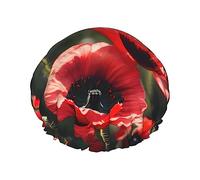 Beautiful Red Poppy Flower Print Shower Cap,Elastic And Reusable Bath Hair Hat For Long Hair,Large Waterproof Shower Bonnet,For Women Men Kids