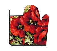 Beautiful Red Poppy Flower Printed Insulated Oven Mitts for Grilling, Steaming, and Cooking - 20.5 * 20.5cm with Hanging Storage