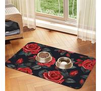 Beautiful Red Rose Flowers Pet Feeding Mat 30x45cm, Absorbent Dog Mat for Food and Water Bowl, PU Leather Cat Food Mat Waterproof Dog Bowl Mats Quick Dry Pet Placemats-No Stains