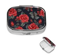 Beautiful Red Rose Flowers Pill Box 2 Compartment Square Portable Pill Case for Pocket or Purse Pill Holder Weekly Pill Organizer Decorative Metal Medicine Vitamin Organizer Travel Gift