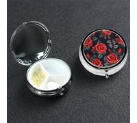 Beautiful Red Rose Flowers Pill Case 3 Compartment Pill Box Portable Metal Pill Organizer Cute Travel Pill Container Vitamin Organizer for Purse Pocket Travel Gift