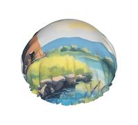 beautiful river windmill Double layer women's shower cap, reusable, large size design suitable for all hair lengths, suitable for girls, spa and home salon use.