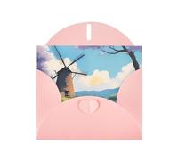Beautiful River Windmill Horizontal Holiday Card With Pink Heart Shaped Envelope And Write Various Holiday Greetings