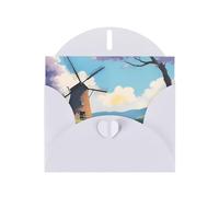 Beautiful River Windmill Horizontal Holiday Card With White Heart Shaped Envelope And Write Various Holiday Greetings