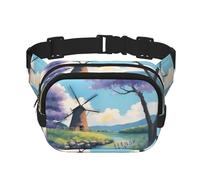 beautiful river windmill Square Double-Layer Waist Bag with Adjustable Strap for Outdoor Activities, Black, One Size
