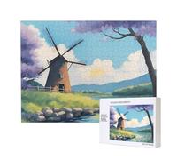 beautiful river windmill Wooden Picture Puzzle 500 Pieces - Horizontal Jigsaw, Family Leisure and Brain Challenge