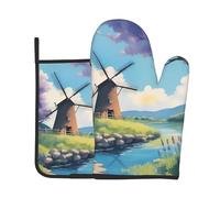 Beautiful River windmillHeat-Resistant Gloves, Two-Piece Oven mitt and potholder, Essential for Kitchen Cooking, Baking and Grilling