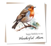 Beautiful Robin Birthday Card for Mum - Happy Birthday To My Wonderful Mum - Greetings Wish for Mom, Mother From Son, Daughter - Made in UK