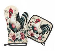 Beautiful Rooster Flowers Oven Mitts & Pot Holders BBQ Gloves, Heat Resistant Kitchen Oven Gloves Hot Pads for Cooking Baking Grilling