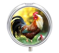Beautiful Rooster Hen Pill Box for Pocket Round Pill Box 3 Compartment Decorative Portable Travel Pill Holder Tablet Vitamin Organizer Mini Pill Case
